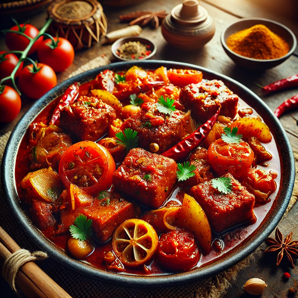 Kruidige Babi Tomat met blokjes varkensvlees en tomaat in een geurige saus van Indonesische specerijen, geserveerd op een gekleurd bord met rijst