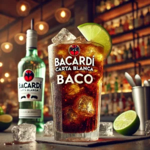 Verfrissende Baco cocktail met Bacardi, cola, ijsblokjes en een partje limoen, geserveerd in een longdrinkglas op een gekleurd onderzettertje