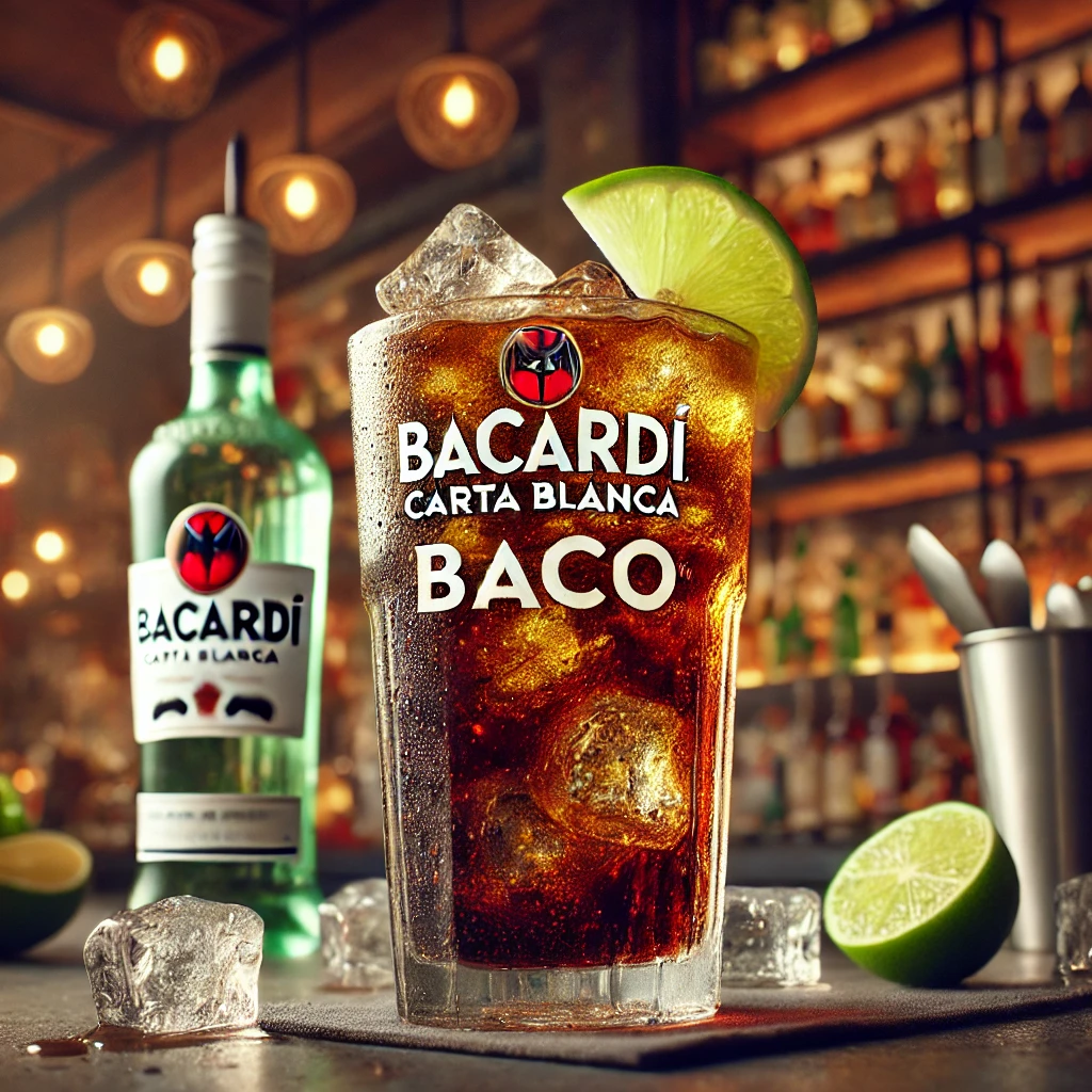 Verfrissende Baco cocktail met Bacardi, cola, ijsblokjes en een partje limoen, geserveerd in een longdrinkglas op een gekleurd onderzettertje