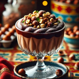Romige chocolade-hazelnoot mousse in glazen geserveerd, gegarneerd met stukjes hazelnoot