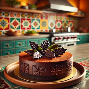 Chocolade truffeltaart met rum, gegarneerd met hulstblaadjes