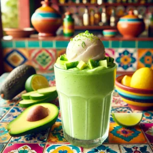 Lichte groene smoothie van avocado en komkommer in een glas, geserveerd op een gekleurd bord met een bol citroensorbetijs en limoenschil als topping