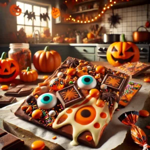 Chocolade bark met swirls van witte chocolade, suikeroogjes en Halloween sprinkles op bakpapier, klaar om te breken en uit te delen