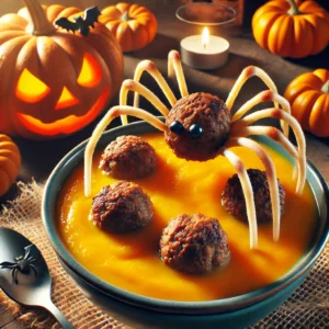 Pompoensoep met gehaktballetjes waar spaghetti uitsteekt als spinnenpoten, geserveerd als griezelige Halloween soep voor kinderen