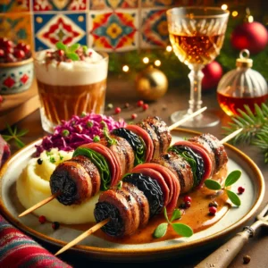 Hazenrugfilet Spiezen met pruimen en pepersaus Gang / Soort gerecht: Hoofdgerecht / wild / fruit Feestdagen etc: Kerst Porties: 4 personen Ingrediënten: 8 gewelde pruneaux zonder pit 1/2 dl cognac 4 hazenrugfilets Zout, peper 2 eetlepels olie 30 g boter 1 1/2 dl wildfond 1/8 liter slagroom (125 ml) 1 eetlepel groene peperkorrels (vers of uit een potje) 1/2 eetlepel roze peperbessen (potje) Bereidingswijze: Wel de pruneaux 5 minuten in de cognac en laat ze uitlekken op keukenpapier. Bewaar de cognac. Wrijf de hazenrugfilets in met zout en peper. Steek één kant van een hazenrugfilet aan een satéprikker, steek dan een pruneau aan het stokje, vouw de hazenrugfilet om de pruneau en steek het vlees weer aan het stokje. Steek er weer een pruneau aan en dan het andere uiteinde van de hazenrugfilet. Maak op dezelfde manier spiesjes van de andere hazenrugfilets en pruneaux. Verhit de olie in een koekenpan. Bak de hazenrugfilet-spiezen op hoog vuur aan alle kanten in 1 minuut bruin. Schenk de olie uit de pan en voeg de boter toe. Bak de spiezen nog 4 minuten bruin en van binnen rosé. Houd de spiezen warm in aluminiumfolie. Roer de wildfond, cognac en peperkorrels door het bakvet en laat dit 3 minuten op hoog vuur inkoken. Voeg de slagroom toe en laat de saus nog 1 minuut inkoken. Breng op smaak met zout en peper. Leg de hazenrugfilet-spiezen op 4 warme borden en schenk de saus erover. Notitie: Serveer met aardappelpuree torentjes en rode kool. N.B.: Als u hazenrugfilets gewoon wilt bakken, bestrooit u ze eerst met zout en peper. Vervolgens bakt u ze in 8 minuten rondom bruin en van binnen rosé.