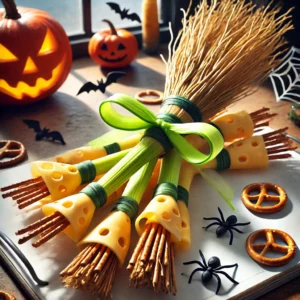 Halloween heksenbezems gemaakt van soepstengels, kaasfranjes en preilinten als lintjes, geserveerd als hartige traktatie