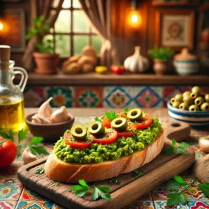Geroosterde baguetteschijfjes belegd met groene olijventapenade, tomaat, knoflook en peterselie, geserveerd op een gekleurd bord voor lunch of brunch