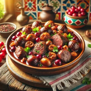 Kastanje-Hazenragout met Rundvlees en Bessensap