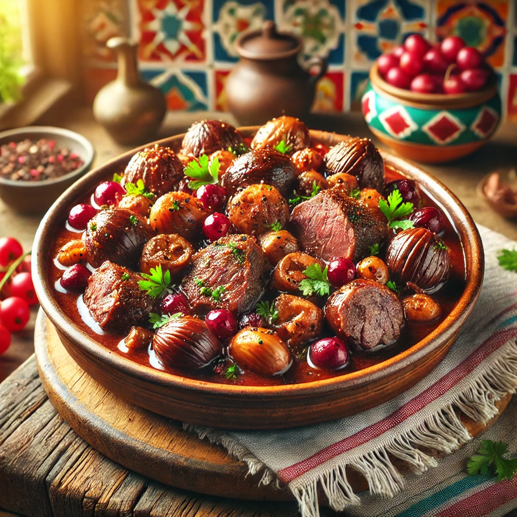 Kastanje-Hazenragout met Rundvlees en Bessensap