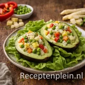 Kleurrijke Avocadohelften gevuld met Groente op rustieke houten tafel