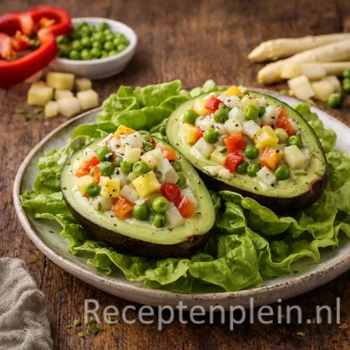 Kleurrijke Avocadohelften gevuld met Groente op rustieke houten tafel