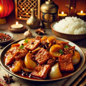 Babi China met gekruide varkenslapjes in aromatische saus, geserveerd met witte rijst in Aziatische setting.