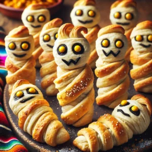 Gebakken knakworsten in bladerdeeg gewikkeld als mummies, met mosterdoogjes, geserveerd als Halloweenhapje
