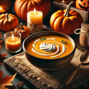 Kom romige pompoensoep met een vleugje citroen, gegarneerd met een snufje nootmuskaat, geserveerd als herfstig Halloweengerecht