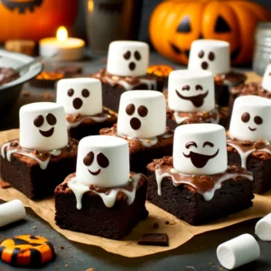 Brownie stukken met marshmallows bedekt met witte chocolade en gezichtjes als spookjes, perfect als Halloween traktatie