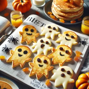 Spookvormige pannenkoekjes met rozijnen als ogen en mond, geserveerd op een bord voor een griezelige Halloweenbrunch