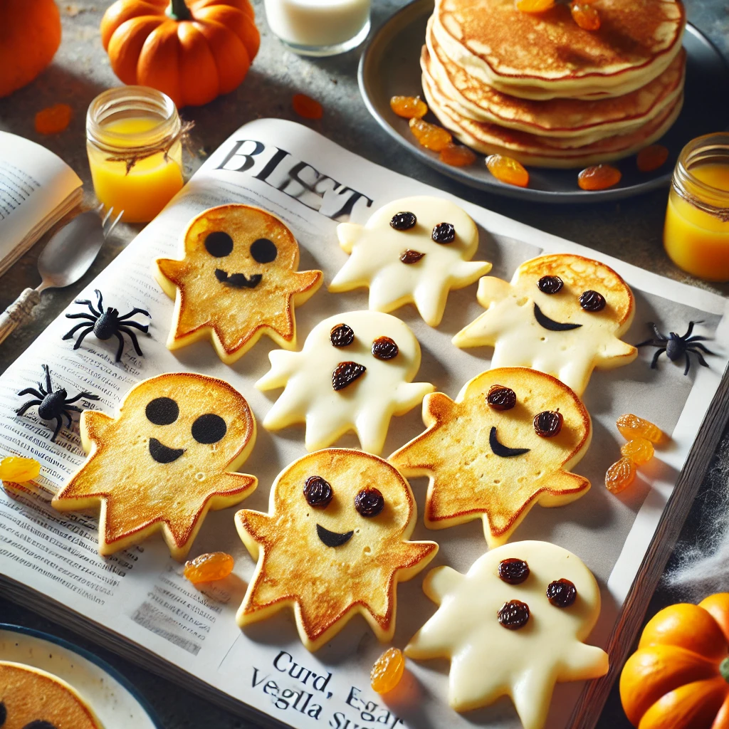 Spookvormige pannenkoekjes met rozijnen als ogen en mond, geserveerd op een bord voor een griezelige Halloweenbrunch