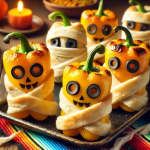 Gevulde mummie-paprika’s met kaasvulling en bladerdeeg, versierd als Halloweenhapje met olijvenoogjes