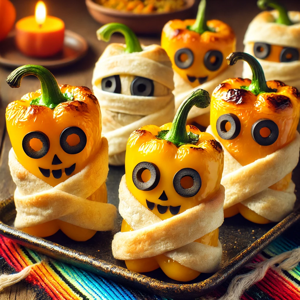 Gevulde mummie-paprika’s met kaasvulling en bladerdeeg, versierd als Halloweenhapje met olijvenoogjes