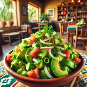 Verfrissende avocadosalade met tomaat, groene Spaanse peper, ui en peterselie, geserveerd op een gekleurd bord als zomers voorgerecht of tortillavulling