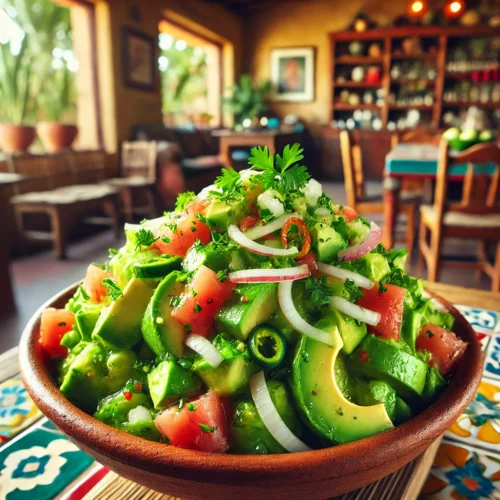 Verfrissende avocadosalade met tomaat, groene Spaanse peper, ui en peterselie, geserveerd op een gekleurd bord als zomers voorgerecht of tortillavulling