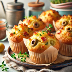 ersgebakken aardappel-olijven muffins met krokante stukjes spek en een vleugje tijm, goudbruin gebakken en gegarneerd met verse takjes tijm, geserveerd in een lichte vintage keuken met pastelkleuren en retro-accenten.