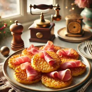 Een bord met kleine, goudbruine aardappelflensjes, bestrooid met knapperige reepjes rauwe ham, geserveerd in een gezellige vintage keuken met pasteltinten en subtiele kerstdecoraties. Natuurlijk licht benadrukt de knapperige textuur van de flensjes.