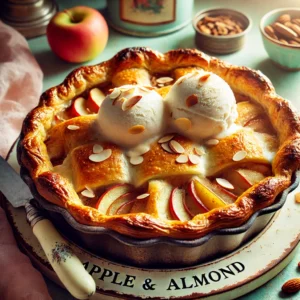 Een prachtig gebakken appel-amandeldessert in een rustieke schaal zonder tekst of decoraties, bedekt met een goudbruine bladerdeegkorst. Geserveerd warm met bolletjes vanille-ijs die licht smelten, in een gezellige vintage keuken met pastelkleuren en retro-accenten.