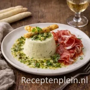 Aspergebavarois met Vinaigrette en Truffelstengel op rustieke houten tafel