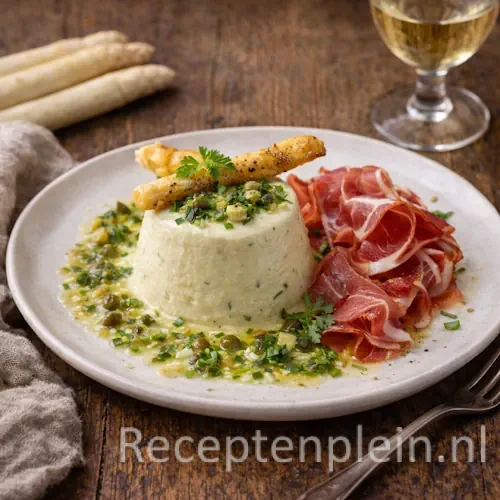 Aspergebavarois met Vinaigrette en Truffelstengel op rustieke houten tafel