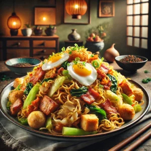 Authentieke Bami Goreng met Varkensvlees, Kip en Ontbijtspek