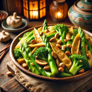 Bamboescheuten met pinda's, broccoli en paddenstoelen in een oosterse woksaus, geserveerd in rustieke kom.