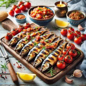 Gegrilde sardines op een houten plank met tomatensaus, gegrilde tomaatjes en partjes citroen, gepresenteerd in een zomerse mediterrane stijl."