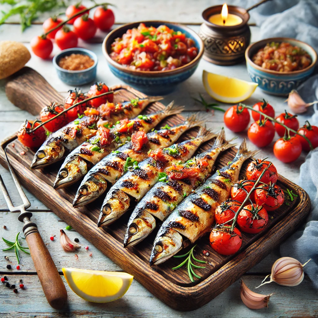 Gegrilde sardines op een houten plank met tomatensaus, gegrilde tomaatjes en partjes citroen, gepresenteerd in een zomerse mediterrane stijl."