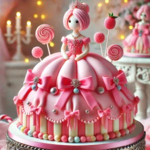 Een Barbietaart met een roze marsepeinjurk, versierd met strikjes, zilveren garneerpilletjes en kleurrijke vruchtenballetjes, geplaatst op een elegante taartstandaard."