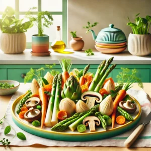 Een kleurrijk gerecht van Barigoule met zomergroenten, zoals witte asperges, artisjokken, wortels, shiitake-paddenstoelen en lente-uitjes, geserveerd op een levendig bord in een frisse, moderne keuken met lichtgroene accenten en veel natuurlijk licht.