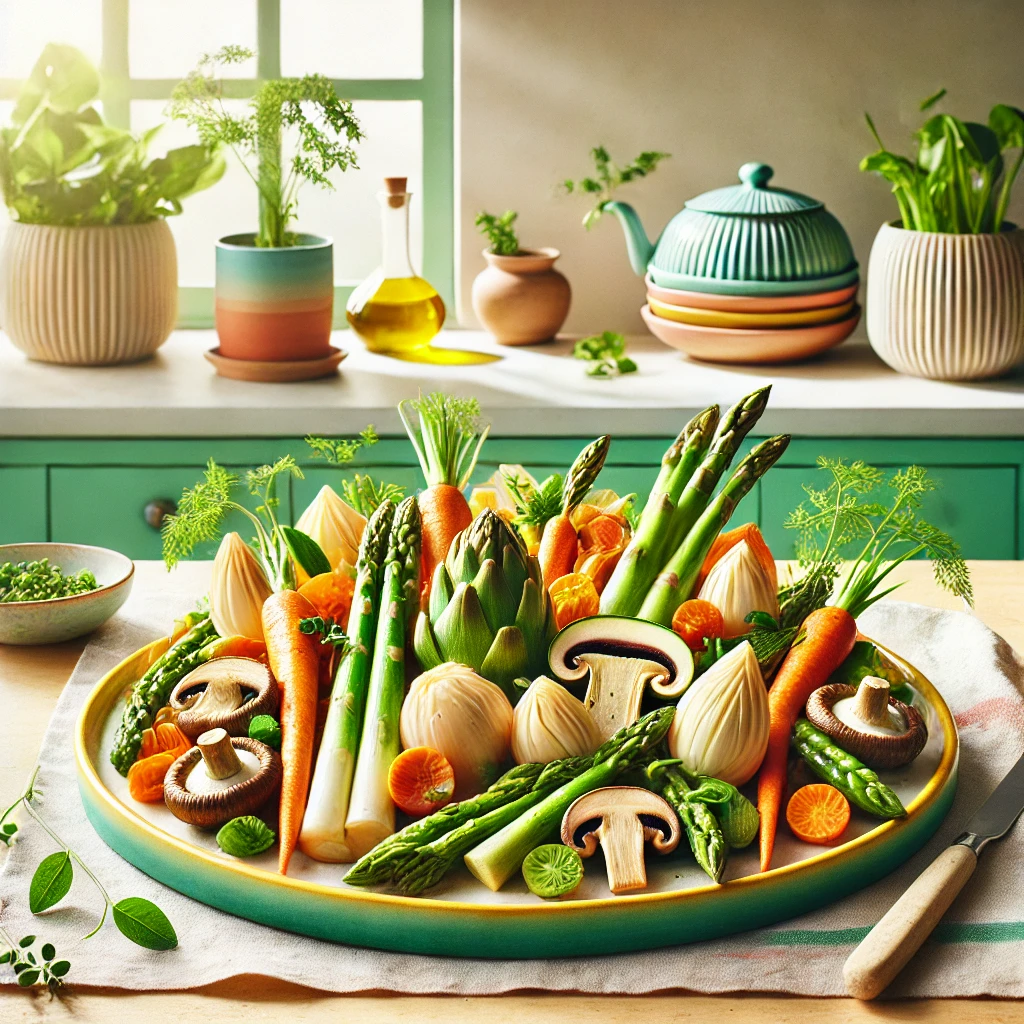 Een kleurrijk gerecht van Barigoule met zomergroenten, zoals witte asperges, artisjokken, wortels, shiitake-paddenstoelen en lente-uitjes, geserveerd op een levendig bord in een frisse, moderne keuken met lichtgroene accenten en veel natuurlijk licht.