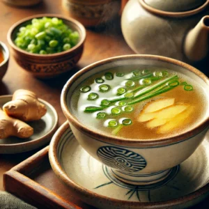 Een kom met heldere Chinese bouillon, geserveerd in een traditionele keramische kom met een subtiel patroon. De soep is goudkleurig en bevat plakjes verse gember en groene uien. Op de achtergrond staan een bordje met verse gember en een schaaltje met gehakte lente-ui in een warme, vintage Chinese keuken met houten oppervlakken.