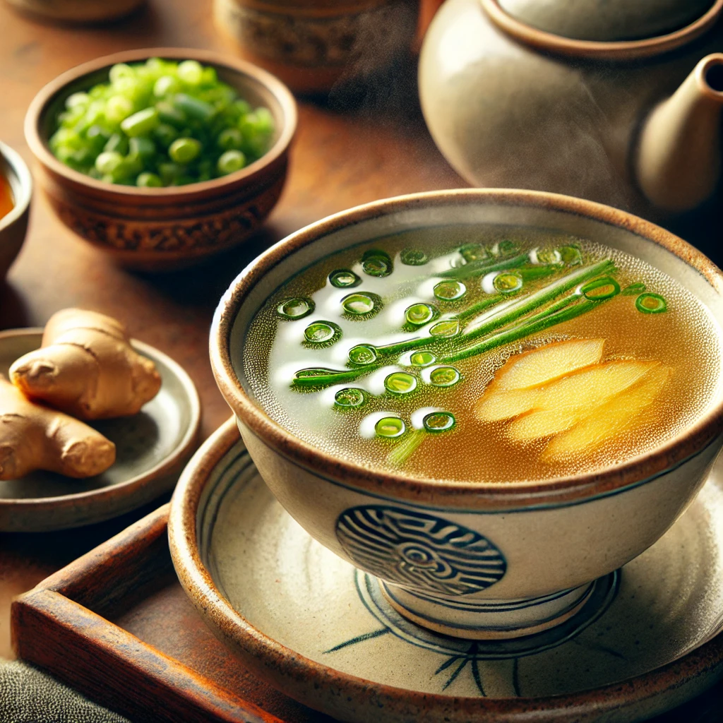 Een kom met heldere Chinese bouillon, geserveerd in een traditionele keramische kom met een subtiel patroon. De soep is goudkleurig en bevat plakjes verse gember en groene uien. Op de achtergrond staan een bordje met verse gember en een schaaltje met gehakte lente-ui in een warme, vintage Chinese keuken met houten oppervlakken.