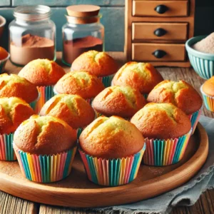 Een houten plank met versgebakken muffins, goudbruin en voorzien van kleurrijke papieren muffinvormpjes. De muffins staan in een vintage, rustieke keuken met een houten aanrechtblad en natuurlijke lichtinval. Op de achtergrond zijn een potje cacao, een kom met meel en andere bakspullen zichtbaar, wat een gezellige en huiselijke sfeer creëert.