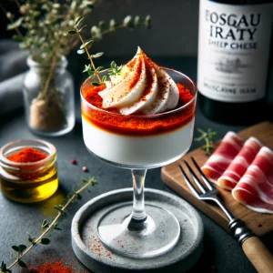 Een verfijnde foto van Baskische crème van schapenkaas, geserveerd in een cocktailglas. De crème is gelaagd met een levendige rode paprika-paprikasaus en gegarneerd met dunne reepjes Bayonne-ham. Een snufje paprikapoeder en een paar druppels olijfolie maken het gerecht af. Het glas staat op een strakke zwarte of houten tafel met minimalistische decoratie, waaronder een fles Muskadet-wijn en verse kruiden. Zacht en elegant licht benadrukt de romige en kleurrijke lagen van het voorgerecht.
