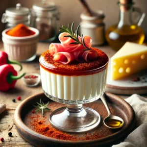 Baskische schapenkaascrème in glazen geserveerd, gegarneerd met reepjes Bayonne-ham, een laagje paprikasaus, paprikapoeder en olijfolie, gepresenteerd in een rustieke keuken met houten aanrecht en verse ingrediënten op de achtergrond.