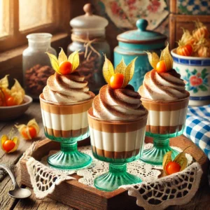 Een kleurrijke en vintage-geïnspireerde foto van Bavarois aux Café, geserveerd in kleine glazen. Het dessert heeft een romige koffie-bavaroisbasis, afgewerkt met luchtige slagroom, bestrooid met cacaopoeder en gegarneerd met een physalis. De glazen staan op een rustiek houten dienblad in een vintage keuken met blauwe en groene accenten, zoals geruite doeken, antieke potten en een kanten servet. Zacht natuurlijk licht valt door een raam en creëert een warme, vrolijke sfeer.