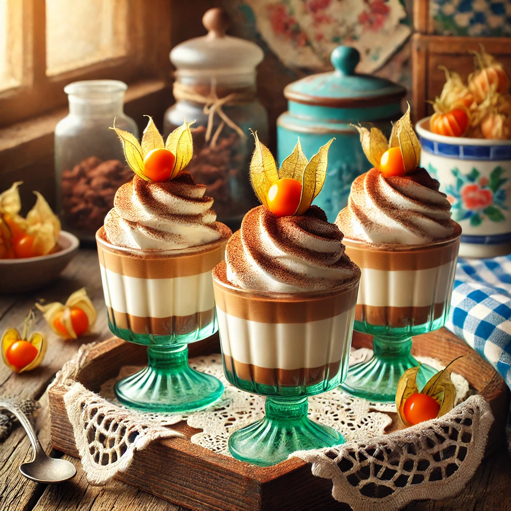 Een kleurrijke en vintage-geïnspireerde foto van Bavarois aux Café, geserveerd in kleine glazen. Het dessert heeft een romige koffie-bavaroisbasis, afgewerkt met luchtige slagroom, bestrooid met cacaopoeder en gegarneerd met een physalis. De glazen staan op een rustiek houten dienblad in een vintage keuken met blauwe en groene accenten, zoals geruite doeken, antieke potten en een kanten servet. Zacht natuurlijk licht valt door een raam en creëert een warme, vrolijke sfeer.