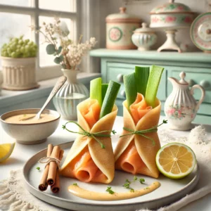 Elegante buideltjes van crêpes gevuld met gerookte zalm en paling, samengebonden met dunne preireepjes, geserveerd met een romige gember-citroensaus. Het gerecht is gepresenteerd op een wit bord in een vintage keuken met lichte pastelkleuren en retro decor.