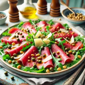 Een elegant voorgerecht van carpaccio met dunne plakjes ossehaas, gegarneerd met verse rucola, goudbruin geroosterde pijnboompitten, kappertjes en vers geschaafde Parmezaanse kaas. Het gerecht is licht besprenkeld met knoflook-olijfolie en gepresenteerd in een gezellige vintage keuken met pastelkleuren en retro-accenten.