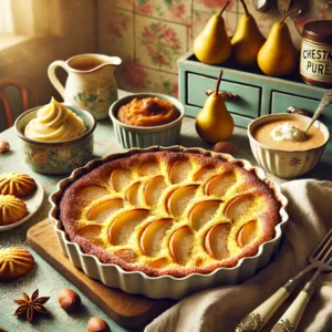 Een rustieke clafoutis van peren, gebakken in een gouden custard en bestrooid met vanillesuiker, geserveerd in een charmante ovenschaal. Naast het dessert staan kastanjepuree, crème fraîche en madeleines op een apart bordje, in een warme vintage keuken met pastelkleuren en retro-accenten.