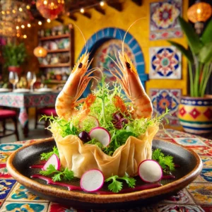 Filodeegbarquette gevuld met black tiger garnalen en frisse salade in Mexicaanse keuken.