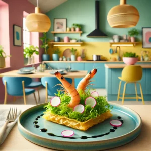 Barquette van filodeeg gevuld met frisée- en radijsensalade, gegarneerd met twee black tiger garnalen, geserveerd op een kleurrijk bord in een moderne, vrolijke keuken met pastelkleuren en zachte verlichting.