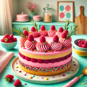 en feestelijke, moderne roze koekentaart met frambozen en rozemarijn, geserveerd op een kleurrijk bord in een vrolijke keuken met pastelkleurige accenten en natuurlijk licht.